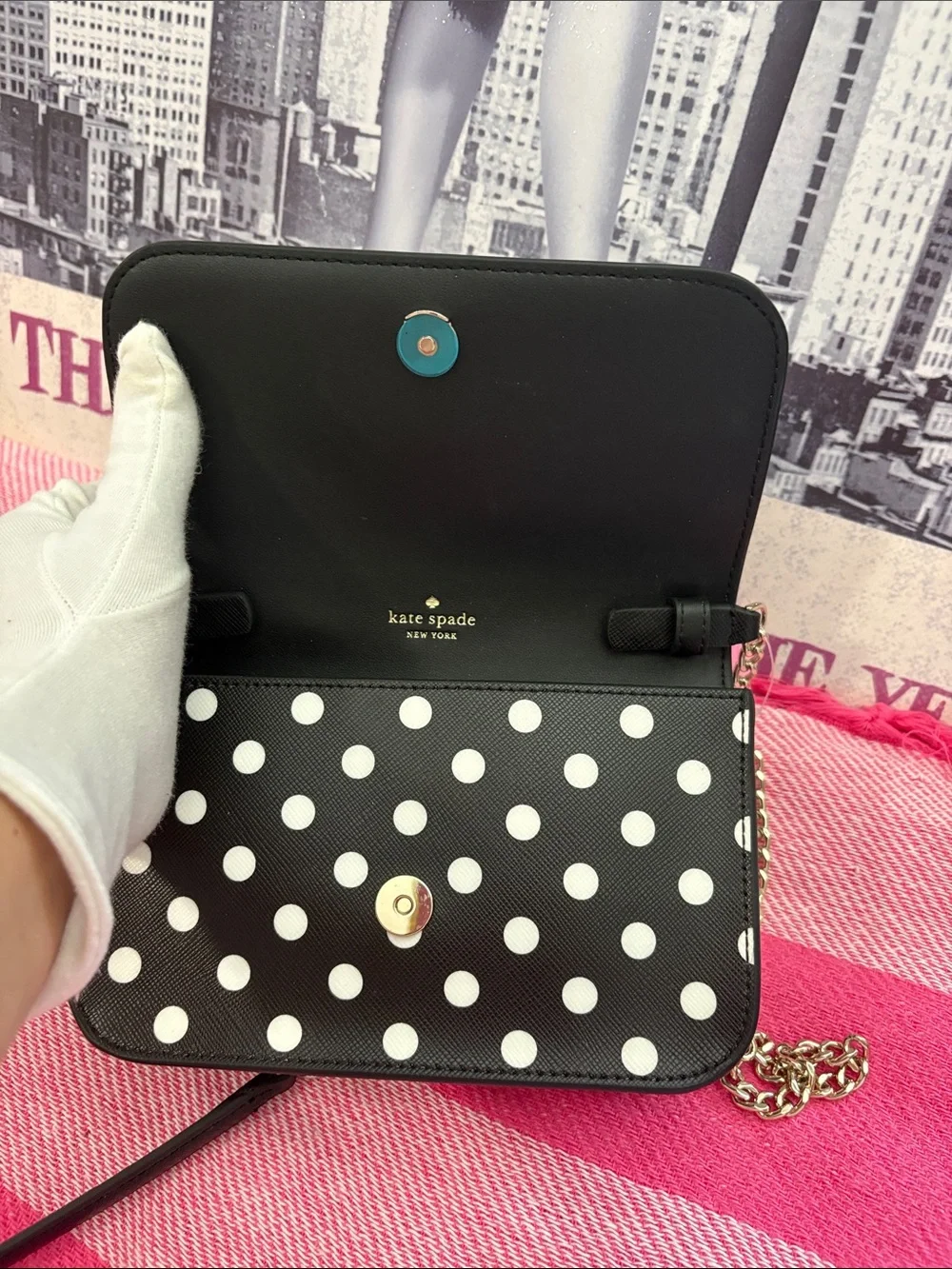 kate spade Black and White Polka Dot Crossbody with Gold Chain